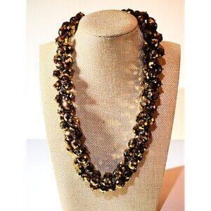 Gold Bronze Beaded Necklace Chunky Torsade Twisted Rope Cluster Faceted Statemen